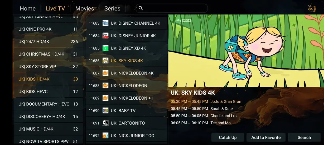 Aperçu interface et chaînes du service Mario IPTV 8